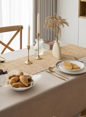 免纯色桌布防水洗风棉布艺原木HVZ北欧简约高级长方形麻茶几餐桌
