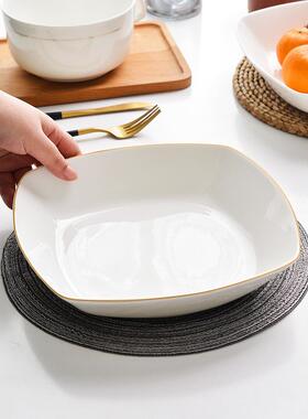 白餐具1英寸金边大汤盘子家用骨瓷深盘0四方形陶瓷菜盘子大VTC容