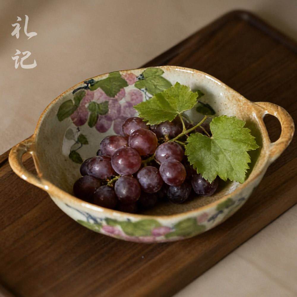 景德中LJ002式镇风格盘绘陶泥双耳碗沙拉碗水果甜品义大利面碗拌