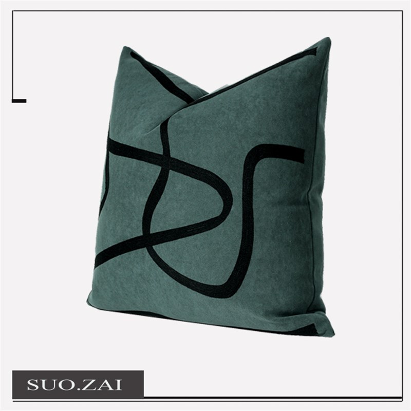 简约现代客厅沙发靠垫靠包抱枕墨绿色抽象线条绣花靠枕样板房方枕