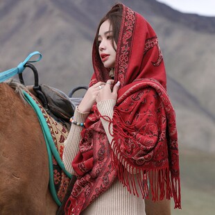店主红色旅游围巾披肩两用草原青海西藏新疆沙漠民族风斗篷女