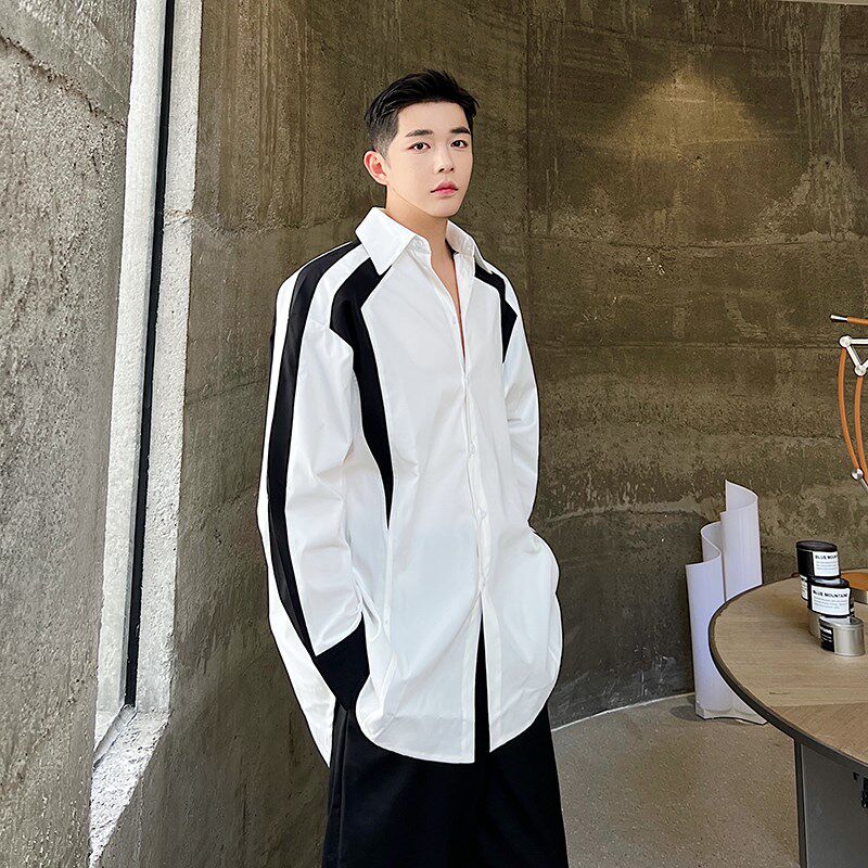 秋季新款ins廓形黑白撞色小众衬衣男韩版网红帅气宽松设计感衬衫