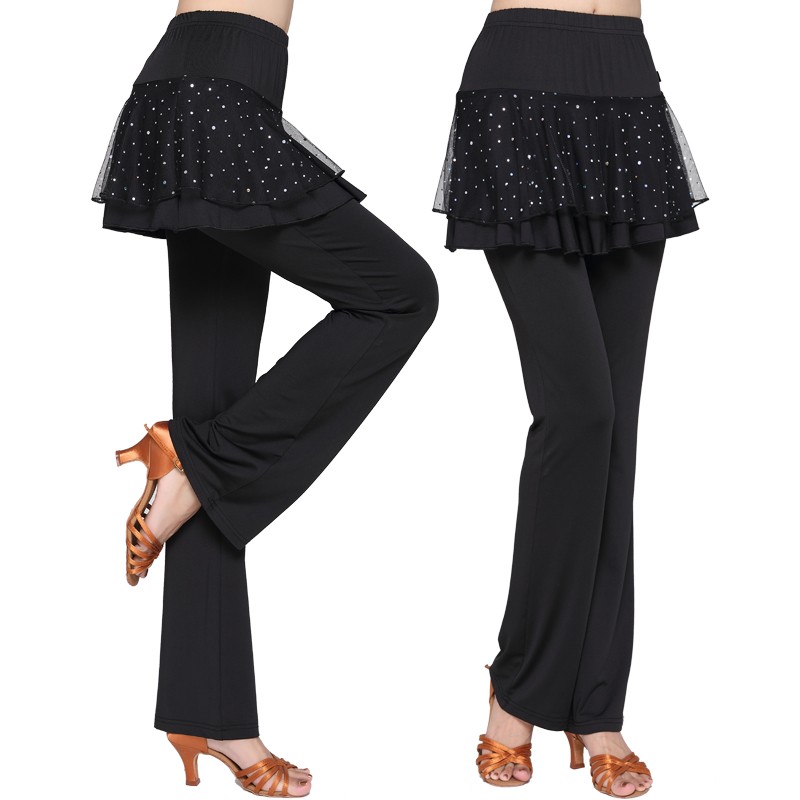 广场舞裙裤女长裤新款微喇叭中腰成人拉丁舞练功牛奶丝网纱舞蹈裤