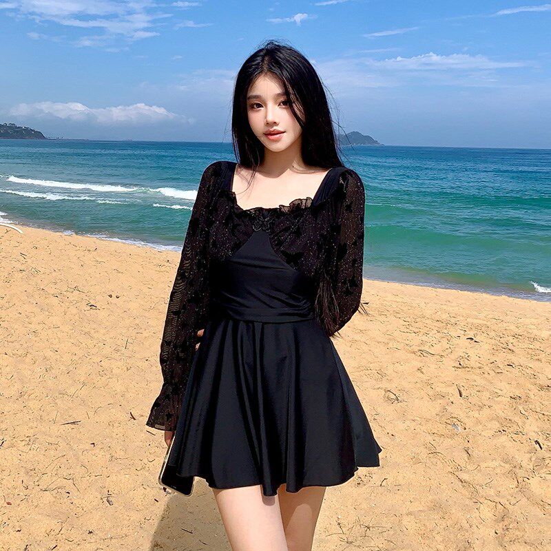泳衣女大码胖mm微胖女孩长袖裙式连体平角裤小胸聚W拢温泉度假泳