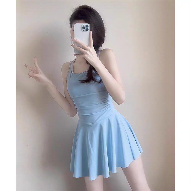 游泳馆泳衣女款夏连体平角蓝色小个子泳池微胖女孩遮肉保守高级感