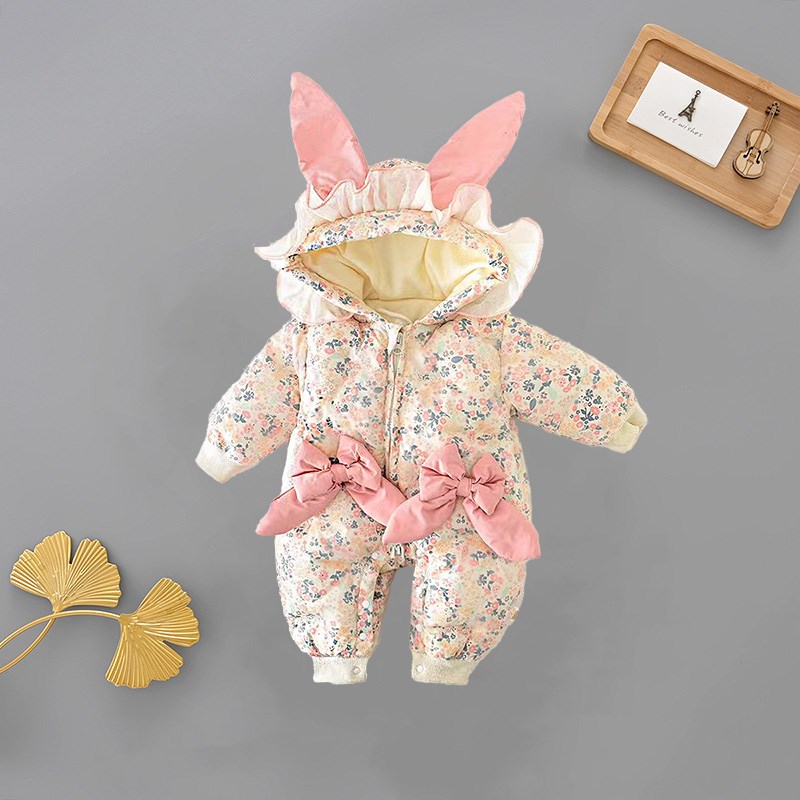 婴儿加绒加厚女宝宝甜美哈衣带帽冬季连体衣爬服冬款棉衣棉服外穿