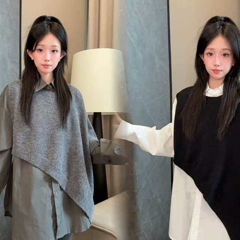 二姐的宝藏秋款韩版时尚百搭不规则设计感马甲衬衫两件套#Z25366