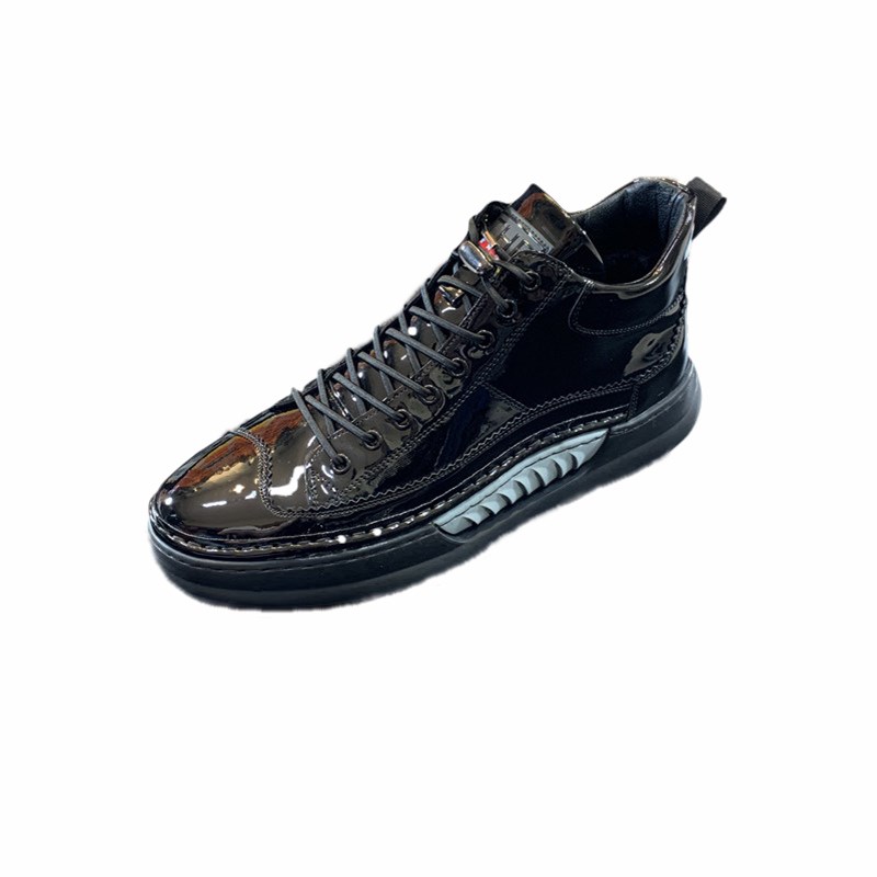 一脚蹬高帮皮鞋男加绒防臭亮面漆皮运动鞋男增高冬季时装靴男