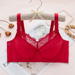 本命年红色结婚新娘全罩杯女内衣大胸显小胸罩大码超薄款文胸套装