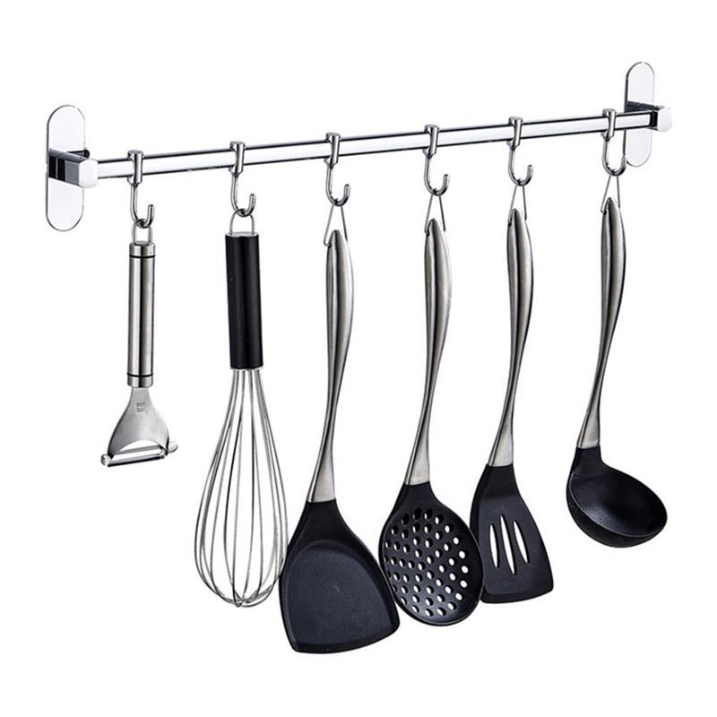 免打孔厨房挂钩架墙壁免钉挂杆壁挂式不锈钢排钩多功能厨具置物架