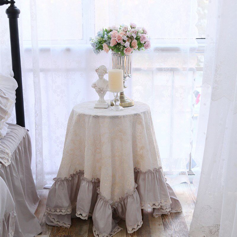 法式韩式重工刺绣蕾丝荷叶边百搭纯色纯棉桌布台布沙发巾电视盖布