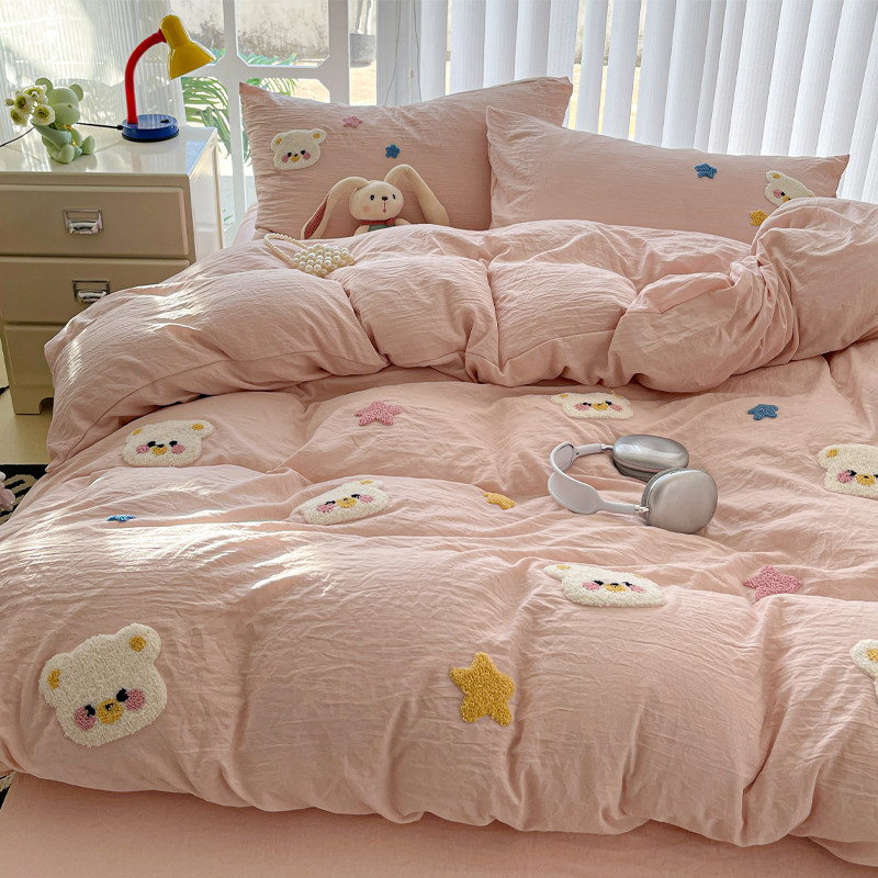 简约风可爱床上四件套水洗棉毛巾绣床单被套非纯棉学生宿舍三件套,床上用品,床品套件/四件套/多件套,淘宝优惠券,粉丝福利购,淘宝优惠卷