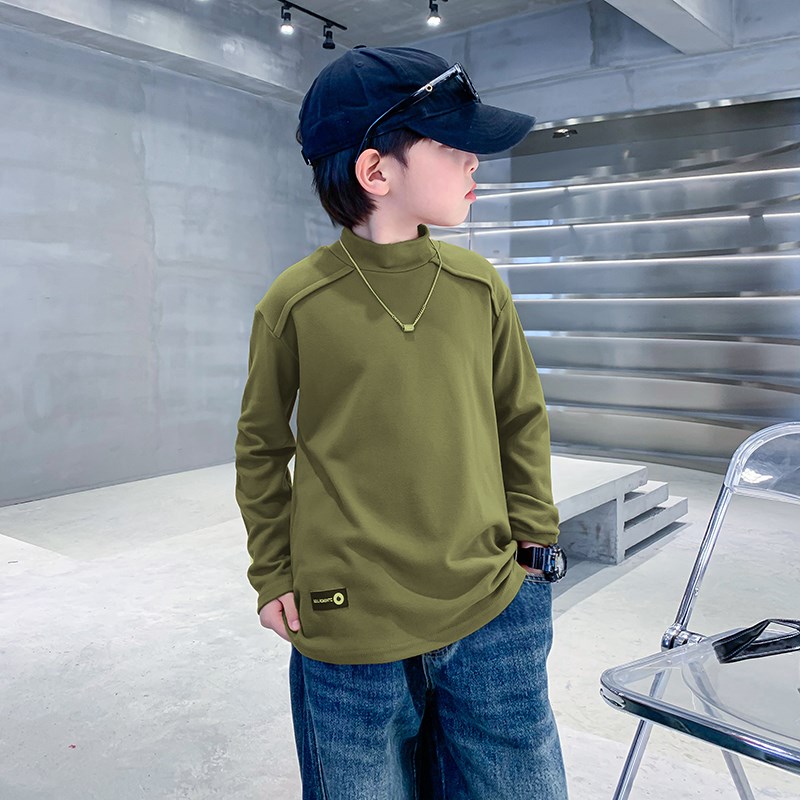 男大童秋冬黑色半高领打底衫2024新款儿童冬季长袖内搭加厚T恤潮