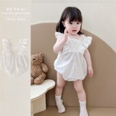 ins夏季 婴幼儿童女宝r宝蕾丝花边飞袖 背带包屁哈衣公主连体衣爬服