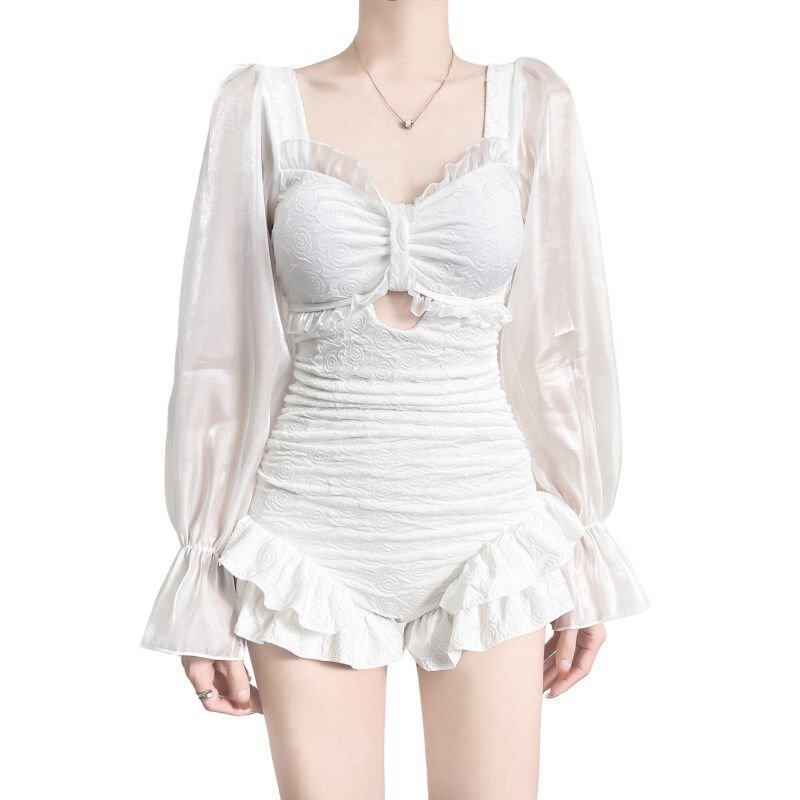 纯欲泳衣女2025新款爆款连体长袖遮肉显瘦白色高级感泡温泉游泳衣