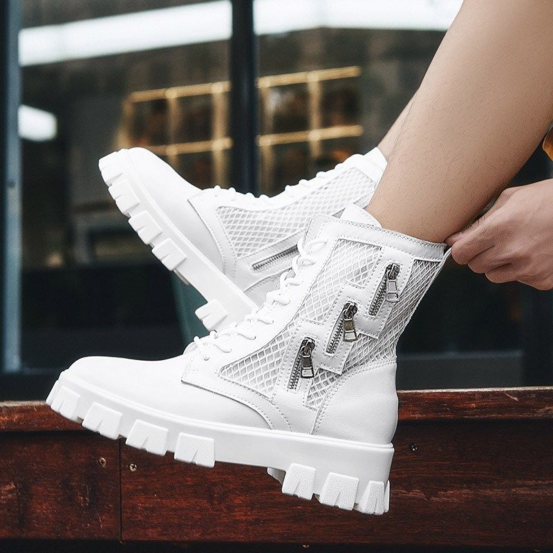 夏季内增高鞋男10cm马丁靴男高帮走秀透气网面镂空厚底工装男靴子