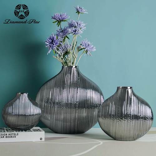 钻石星电镀小口竖条纹玻璃花瓶轻奢复古高级感插花器摆件花瓶