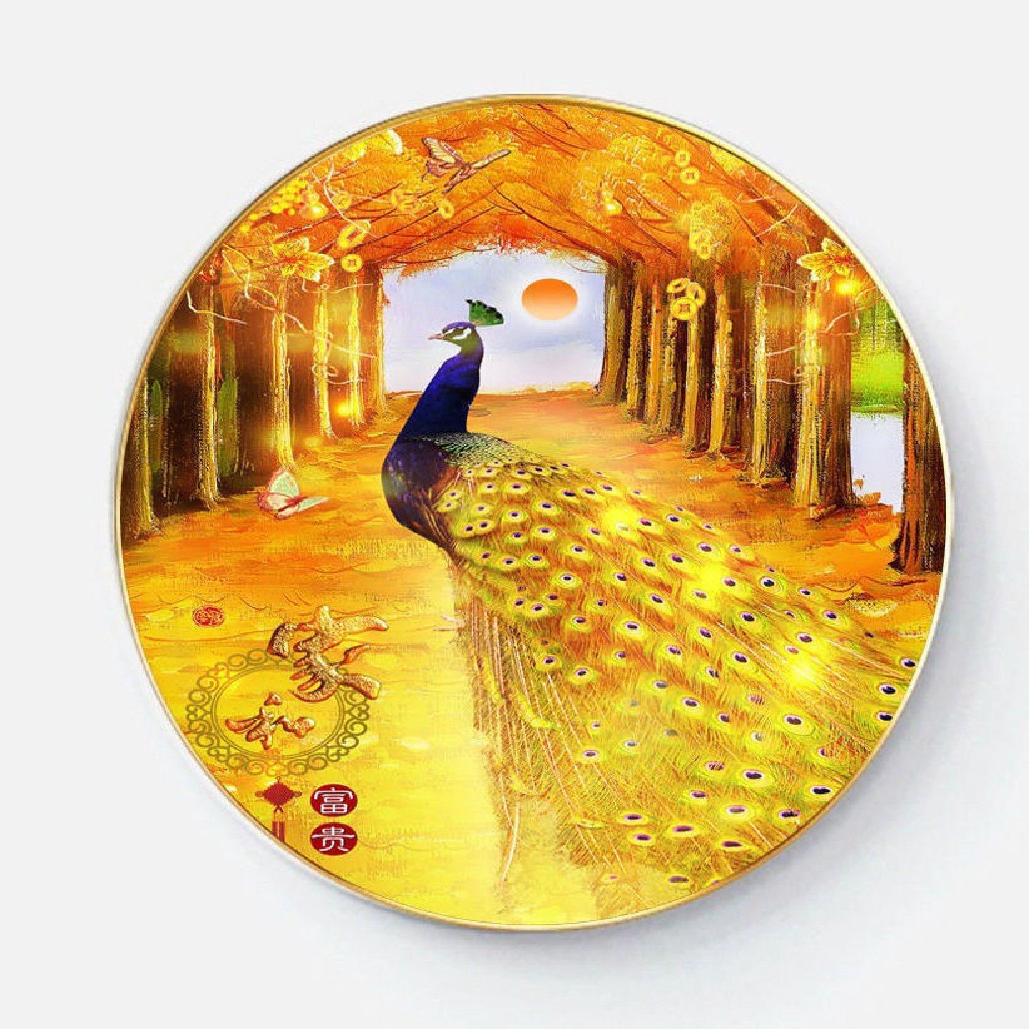 吉祥孔雀客厅装饰画入户玄关过道走廊餐厅沙发背景墙挂画圆形壁画图片