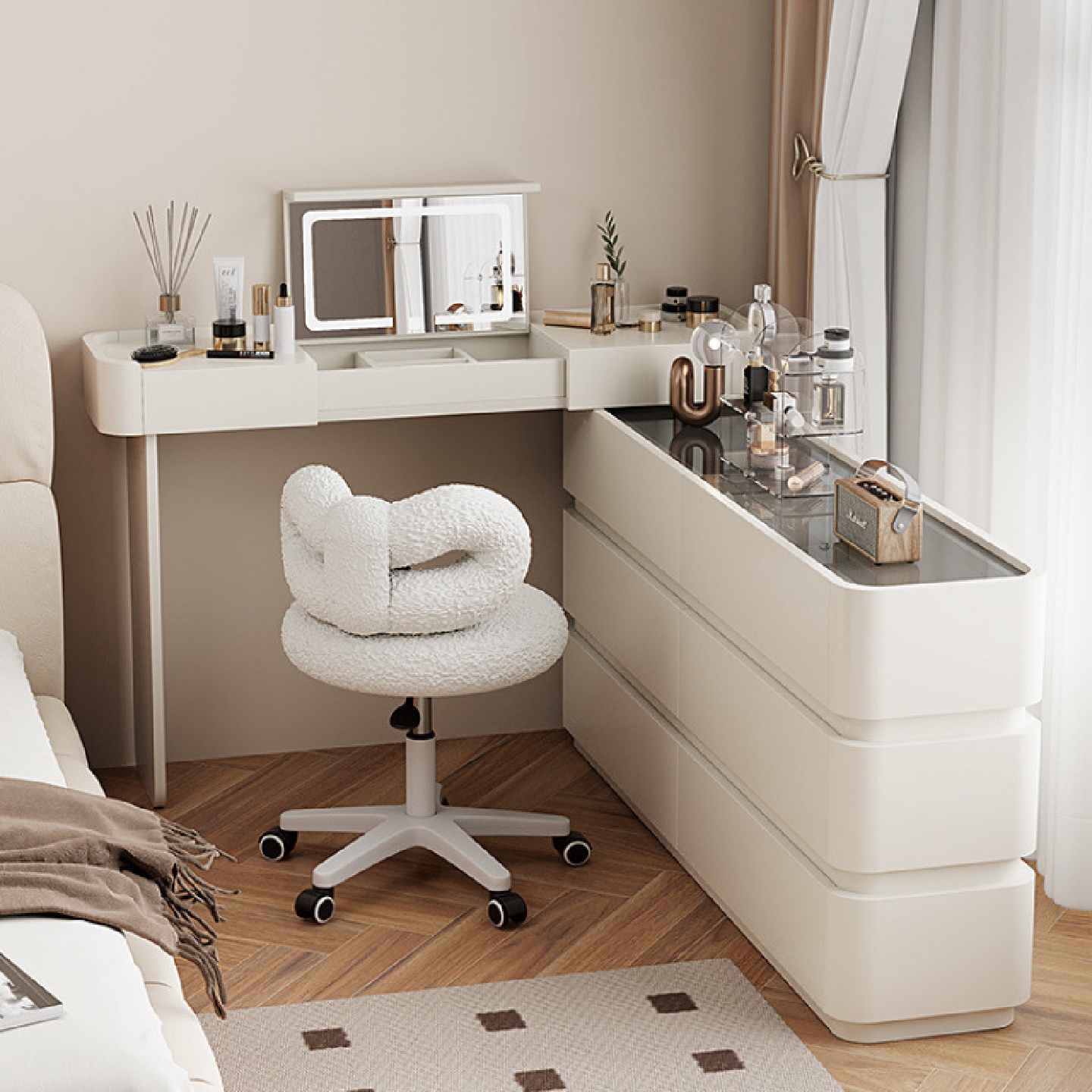 极窄奶油风床尾梳妆台公主风卧室小户型窄小六斗柜一体30cm化妆桌