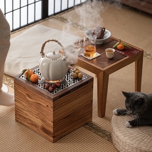 茶桌 北美黑胡桃木围炉煮茶炭炉炭桌烤火炉火盆户外取暖碳炉新中式