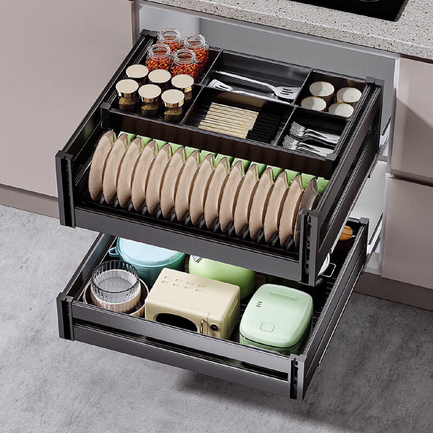 拉篮厨房橱柜双层抽屉式碗碟拉蓝碗架收纳碗篮铝合金新款推拉