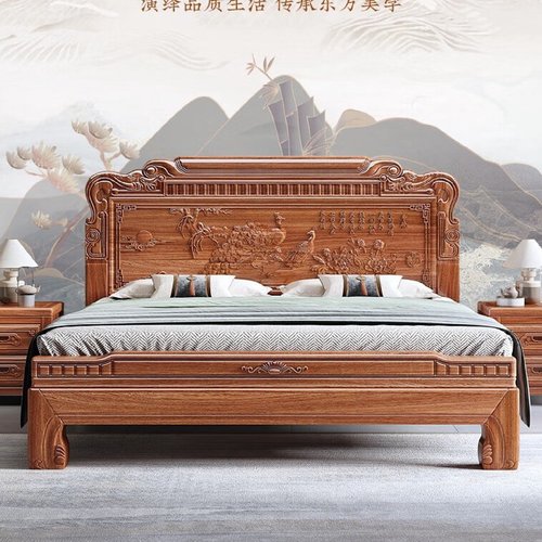 中式古典实木大床雕花全榫卯结构仿古批发仿古床金花梨木1.8米床