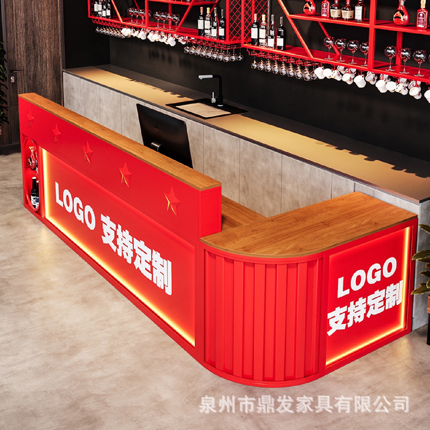 工业风吧台收银台网红弧形转角烧烤店/餐厅/酒店/健身房接待前台