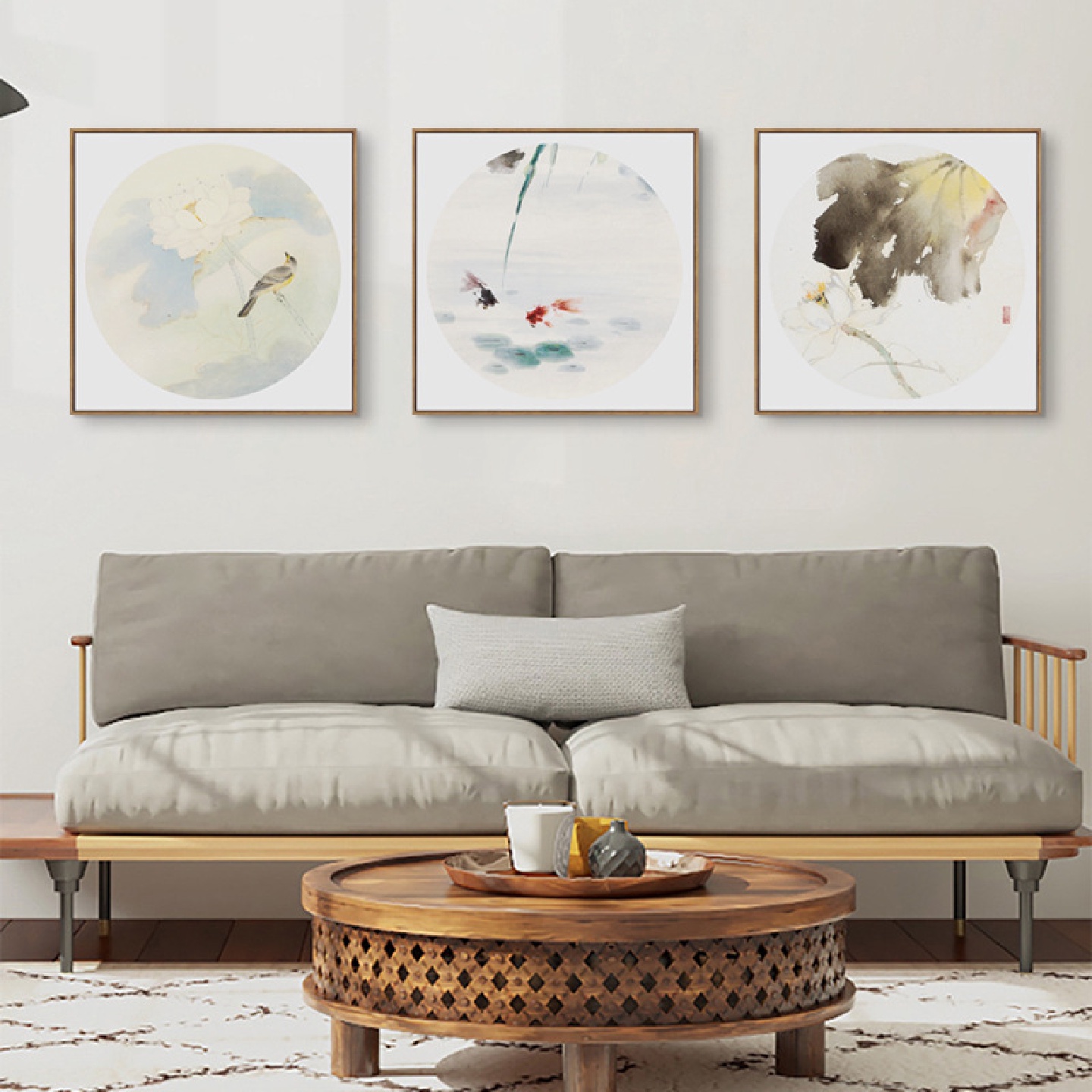 荷塘秋色新中式餐厅装饰画正方形水墨荷花挂画客厅背景墙茶室画图片