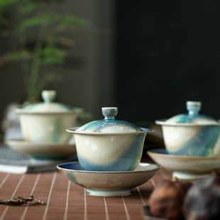 晴先生极光窑变系列温润蓝全手工三才盖碗泡茶碗主人杯品杯泡茶器