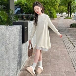 女童秋冬款蕾丝针织毛衣裙2024中大童花边领连衣裙时尚大衣内搭12
