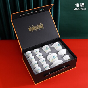 功夫盖碗茶杯组合德化白瓷家用送礼泡茶器 羊脂玉千里江山茶具套装