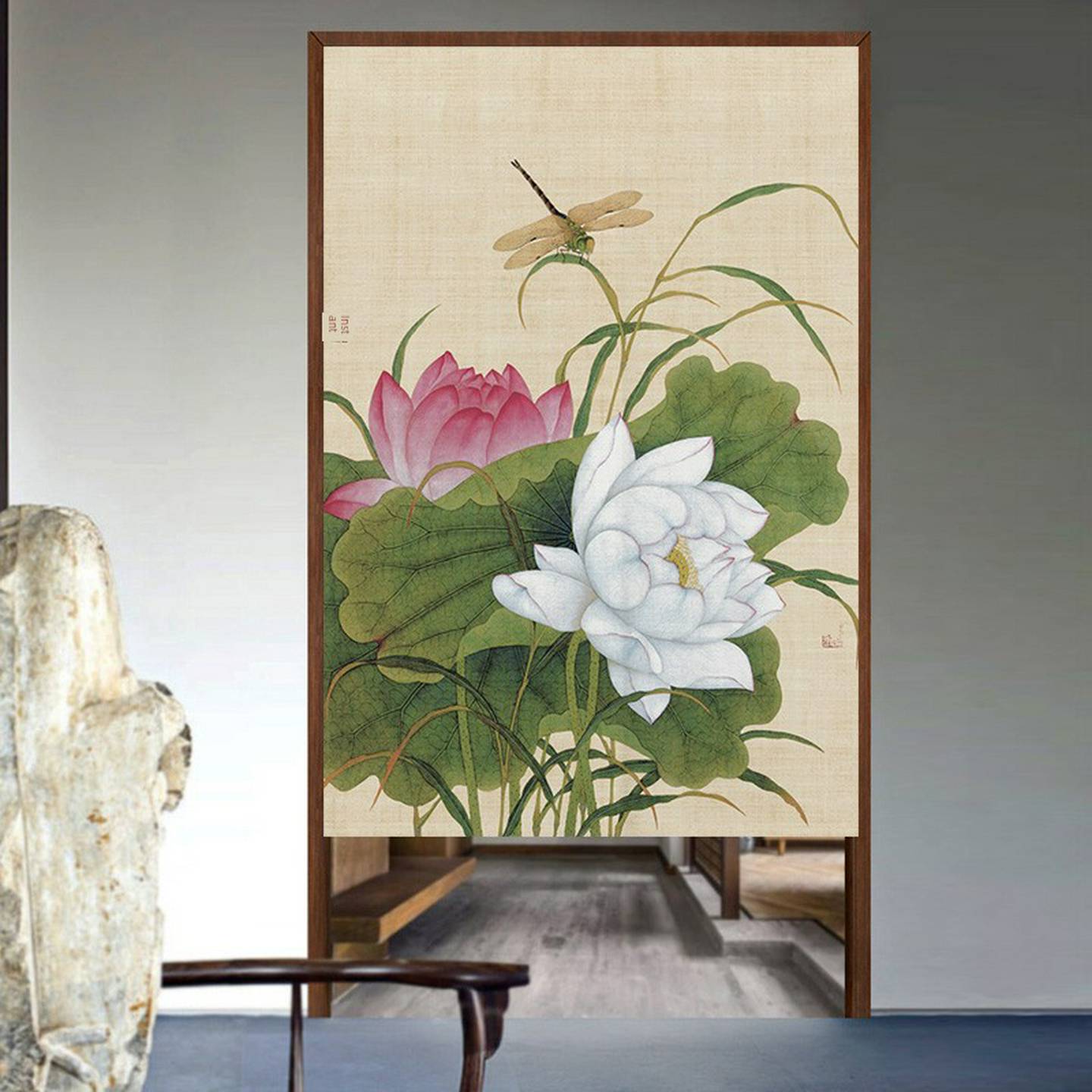 花鸟工笔画定制挂布棉麻窗帘新中式隔断帘布艺门帘衣柜遮挡帘半帘