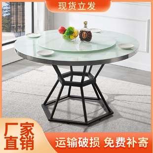 K8钢化玻璃面仿大理石纹岩板大圆餐桌带转盘酒店餐厅小户型家用餐