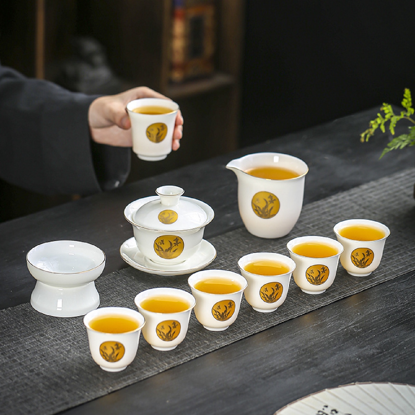 晟翔陶瓷茶具羊脂玉金兰盖碗主人杯11件套