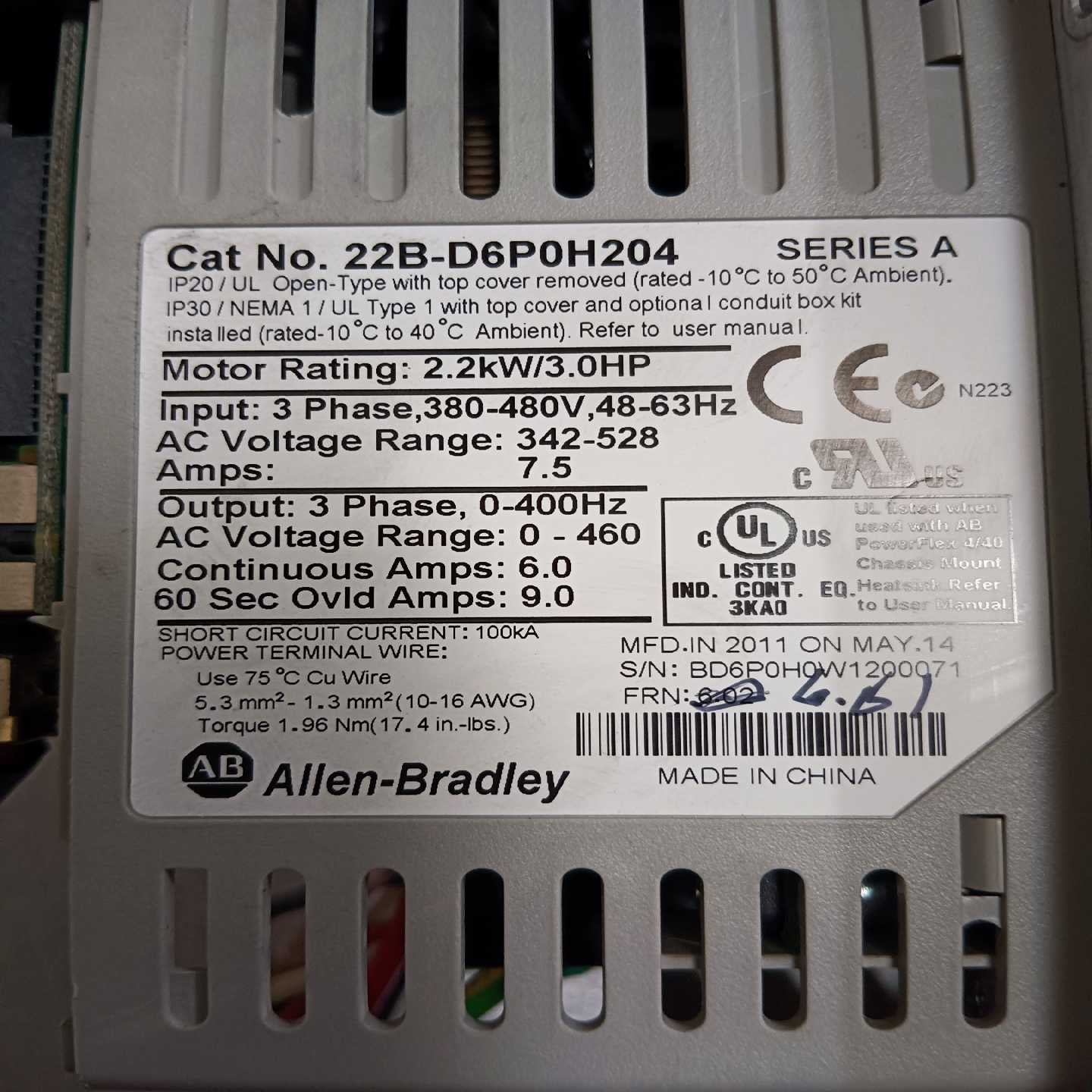 AB变频器22B-D6P0H204，2.2KW380V，成询价