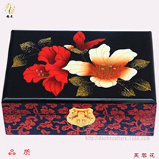 饰摆件中国洛阳风工艺品 漆器首饰盒金双牡丹家居装
