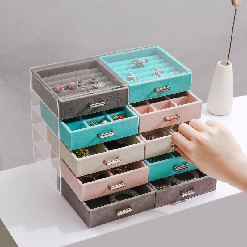 亚克力首饰盒耳钉耳环收纳盒绒布抽屉桌面多功能手镯戒指项链