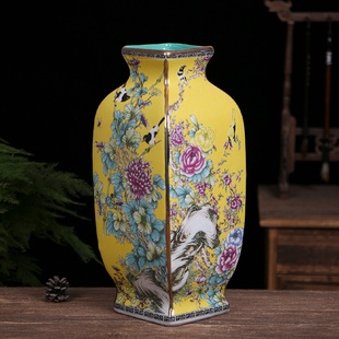 瓷器装 珐琅彩四方花鸟瓶景德镇陶瓷花瓶仿古中式 饰品摆件工艺品