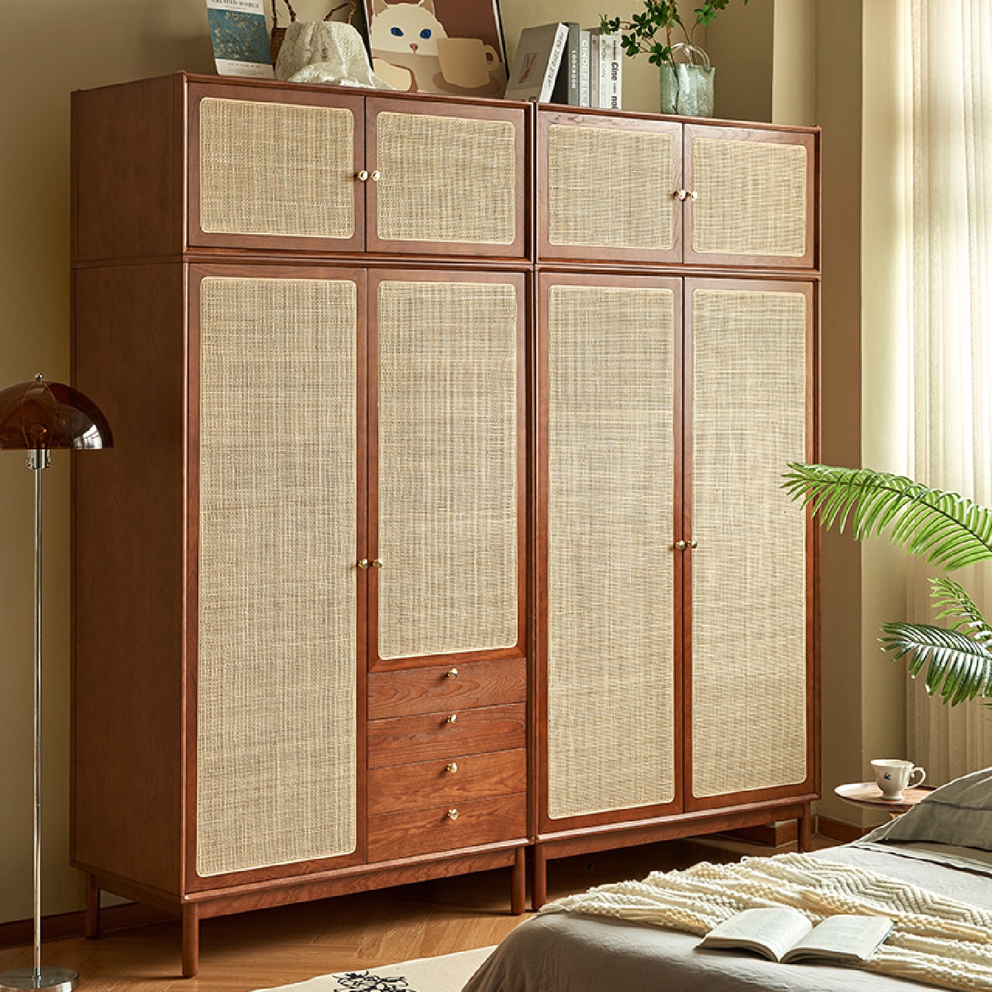 北欧复古实木衣柜家用卧室收纳储物现代简约藤编自由组合四门衣橱