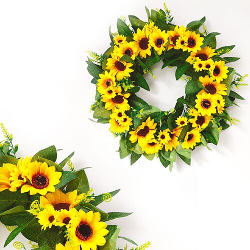 蜜蜂节仿真向日葵带灯花环北欧家居门挂墙挂感恩节向日葵婚庆装饰