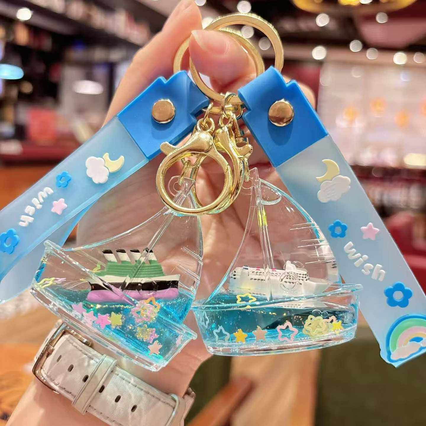 创意流沙永不沉没泰坦尼克钥匙扣精致海盗船漂浮帆船包包挂件礼品