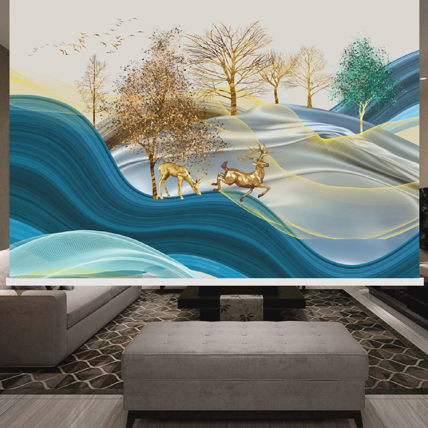 定制卷帘3D立体轻奢石来运转麋鹿山水窗帘现代简约升降客厅装饰画图片