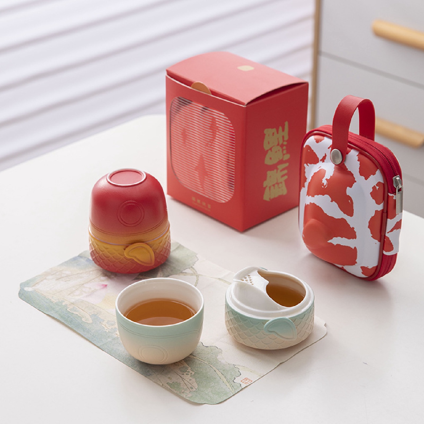 故宮文創紅锦鲤快客杯一壶一杯功夫户外旅行茶具创意单人茶具