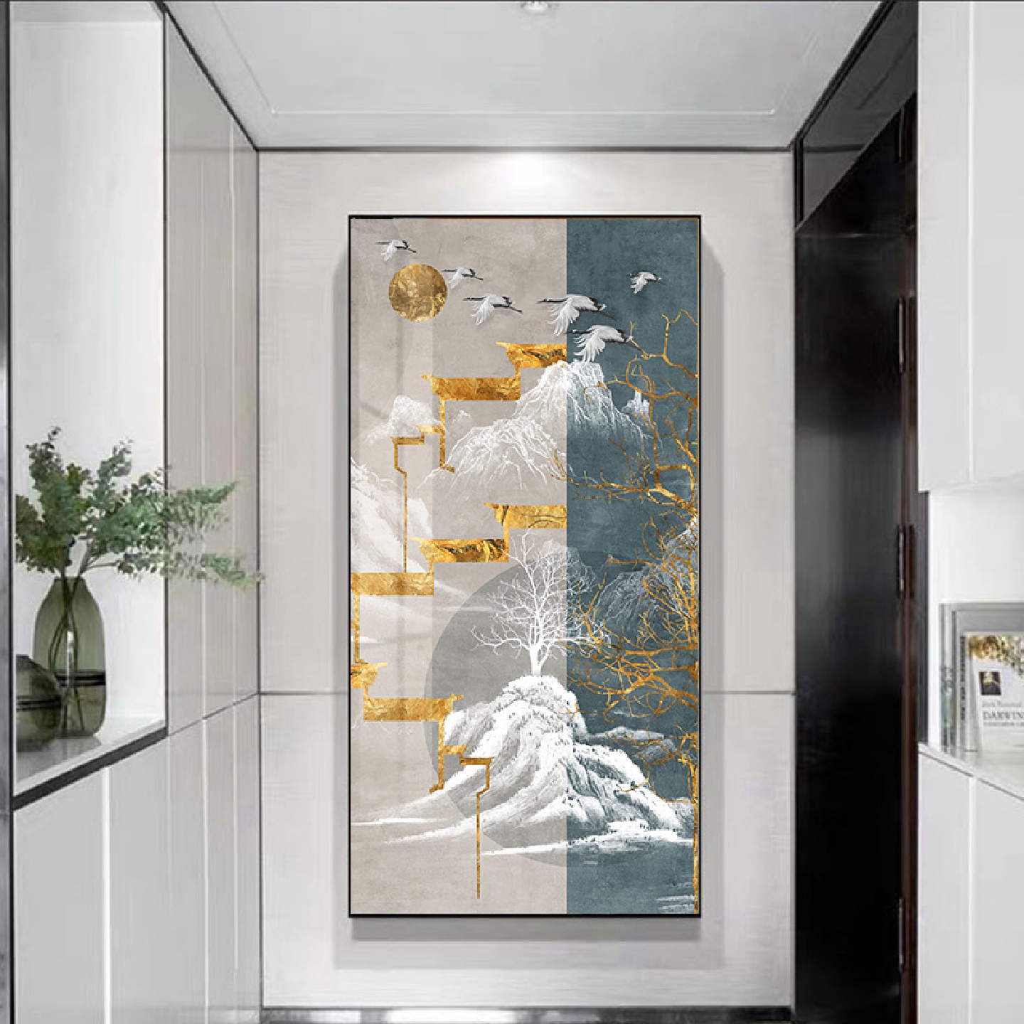 玄关入户挂画竹鹤平安山水诗意装饰画走廊过道壁画晶瓷画轻奢大气
