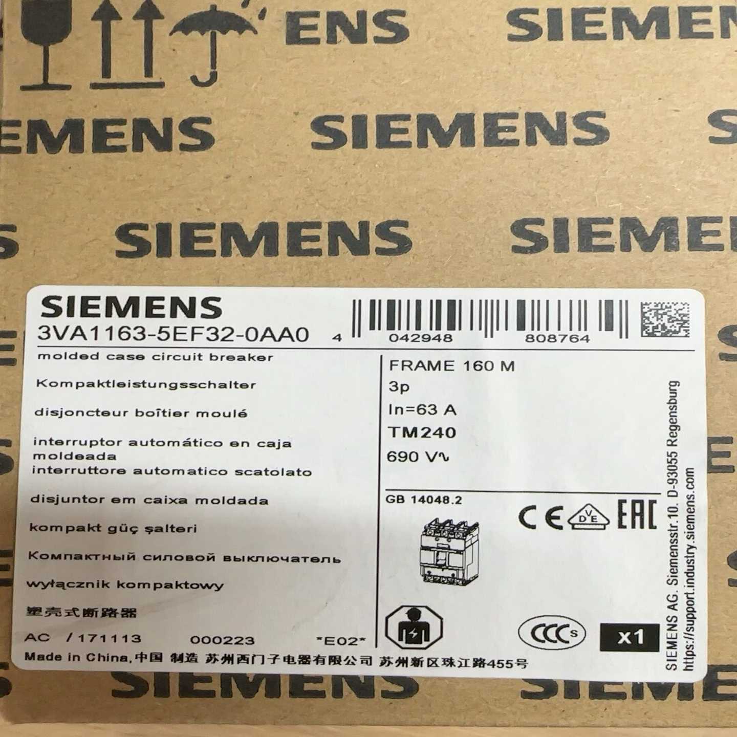 塑壳断路器3VA1163-5EF32-0AA0询价