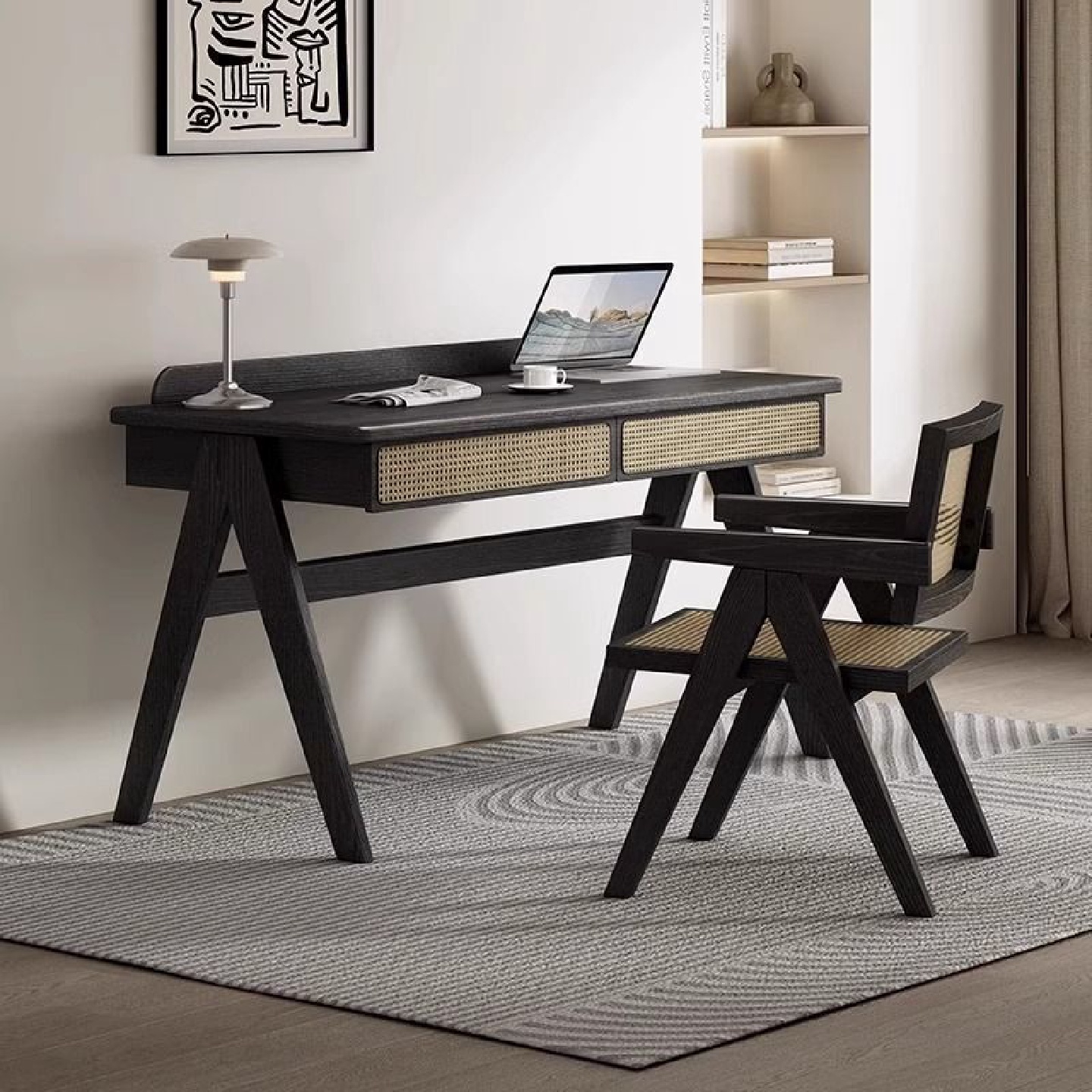 北欧实木藤编书桌法式复古风白蜡木梳妆台化妆桌子卧室学习电脑桌