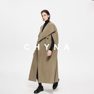 李大琪【月绒】山羊绒绵羊毛呢外套长款大衣大翻领A字版大斗篷