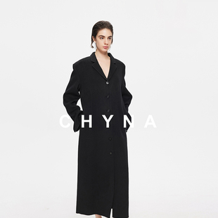李大琪【灰姑娘】经典气质黑色单排扣山羊绒绵羊毛呢外套长款大衣