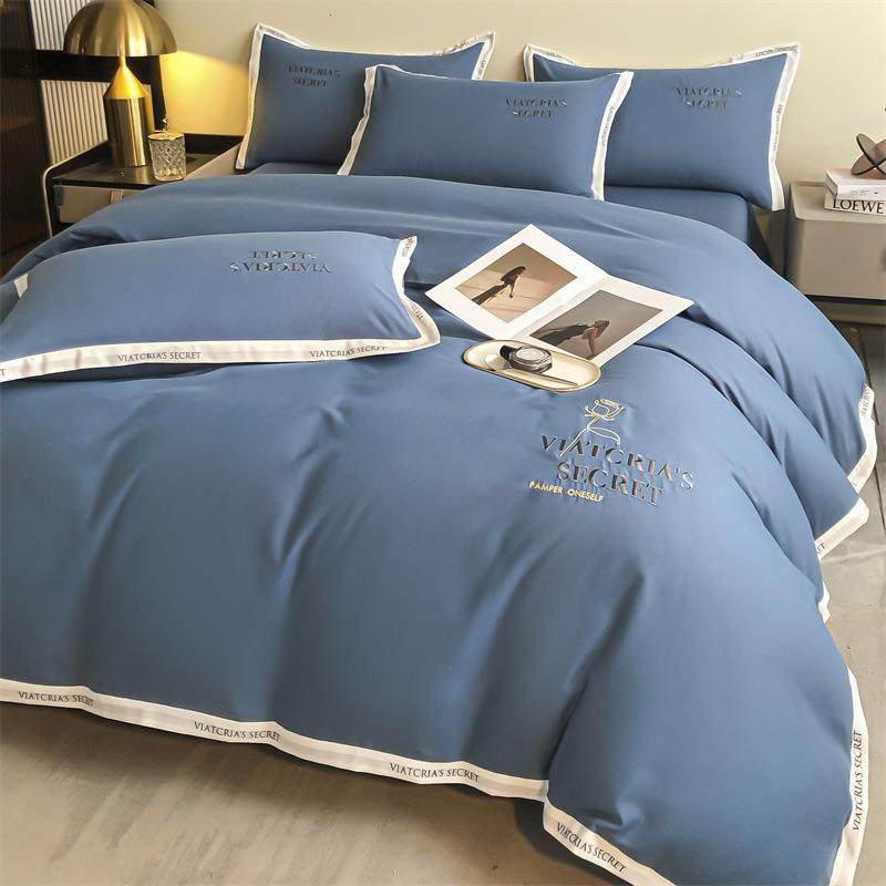 轻奢绣花简约四件套加厚磨毛水洗棉被套床笠款床品床单三件套