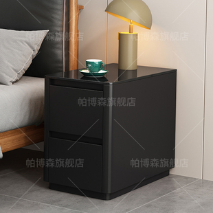 黑色超窄床头柜简约现代烤漆奶油风防爆钢化玻璃桌面床边柜免安装
